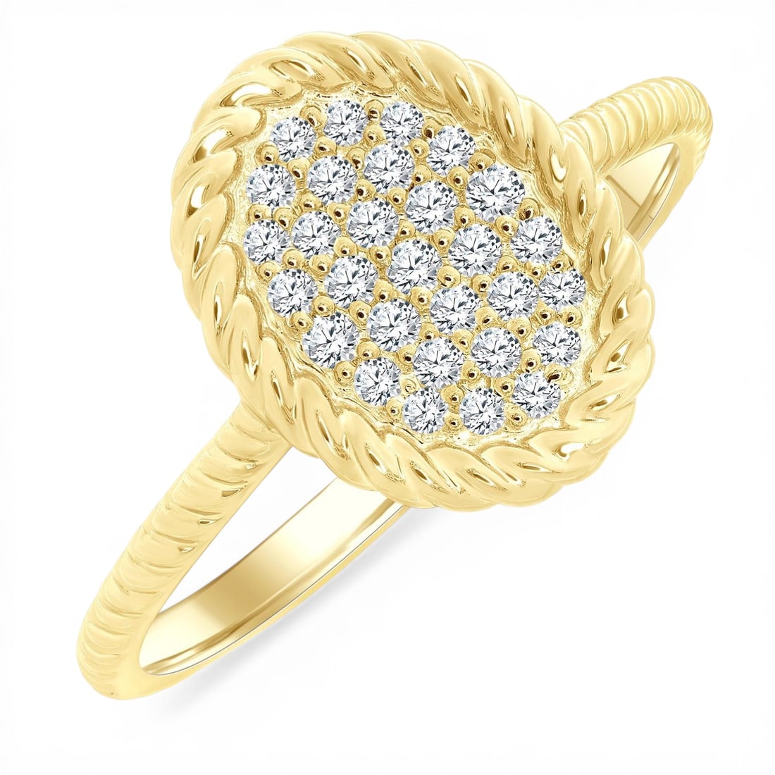 0.22 ctw Diamond Oval Cluster Rope Accent 10K Yellow Gold Fashion Ring: Rare and radiant, this magnificent Rope Accent ring featuring White Diamonds offers a touch of the extraordinary. A detailed Cluster gallery secures the stones, rendered in 2.3 grams of lustrous 10K Y