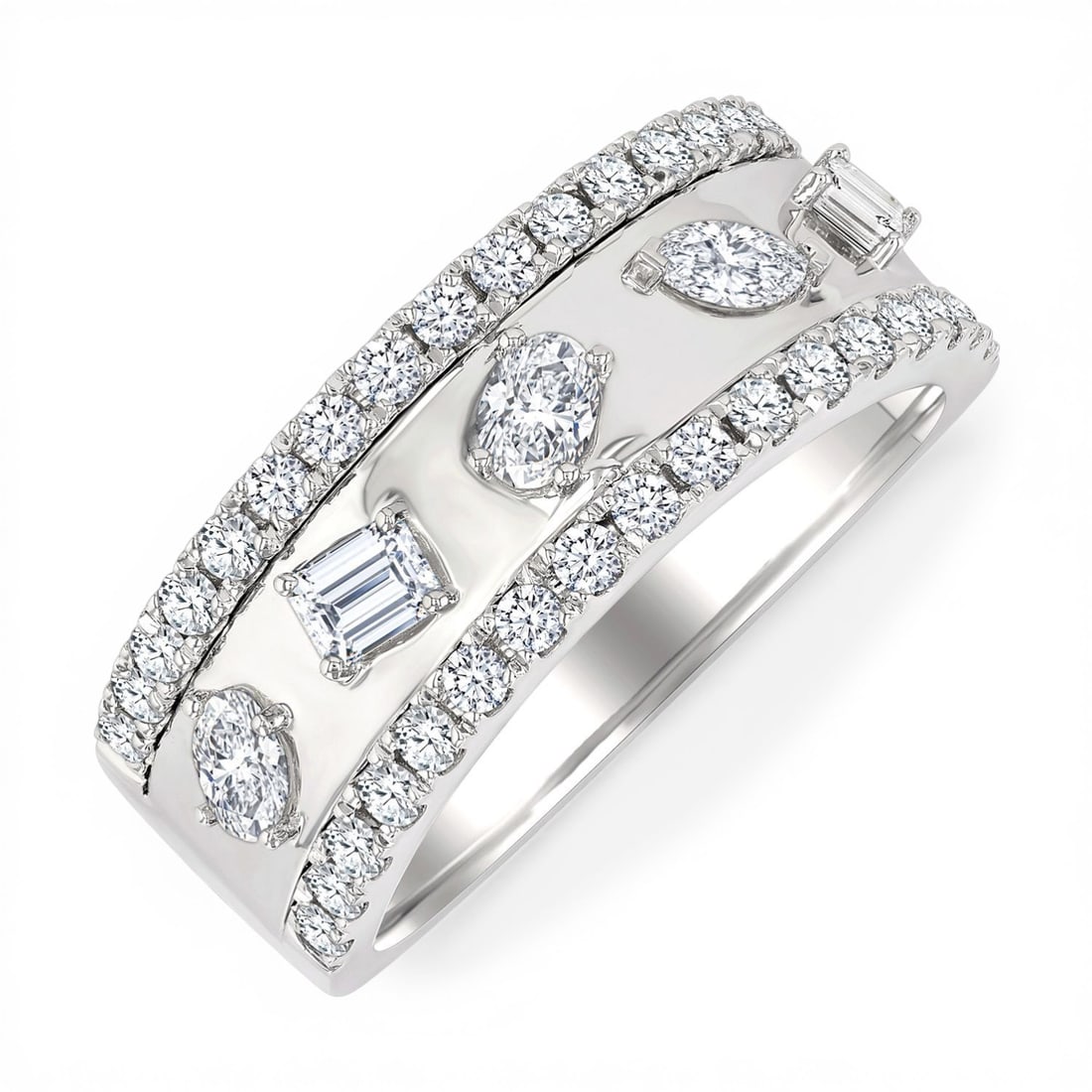 0.95 ctw Mixed Shape Diamond Fashion Band 14K White Gold Ring: Defining modern elegance, this stunning Mixed Shape ring featuring Natural Diamonds captures the essence of style. Expertly mounted in a Wide Band setting, the ring is crafted in 5.7 grams of solid 14