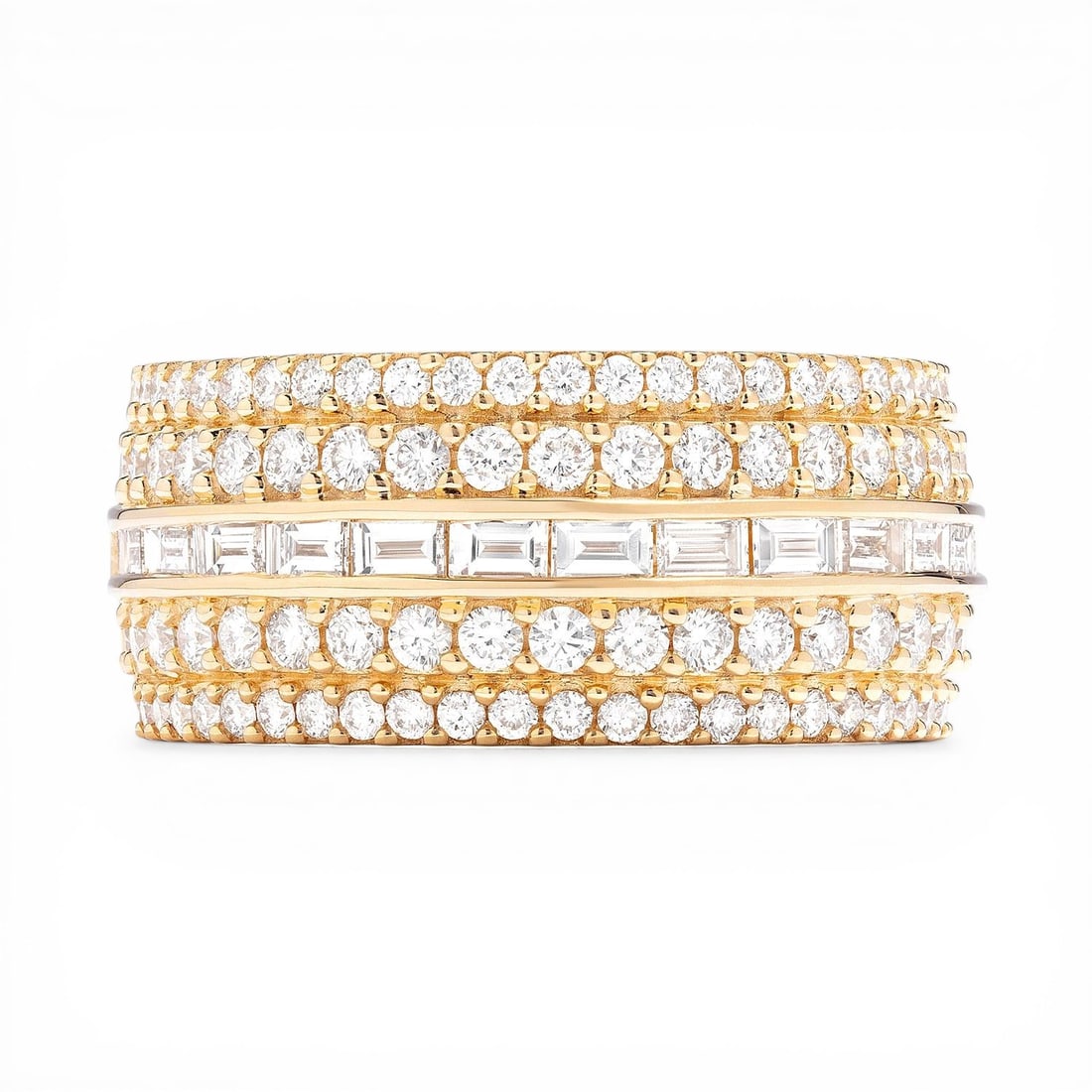 1.75 ctw Baguette and Round Diamond Wide Band 18k Yellow Gold Ring: Retail Value: $13,410 A symphony of light and color, this magnificent Baguette Wide Band ring featuring White Diamond embodies the pinnacle of luxury. Showcasing the gems in a Multi-Row Band arrangeme