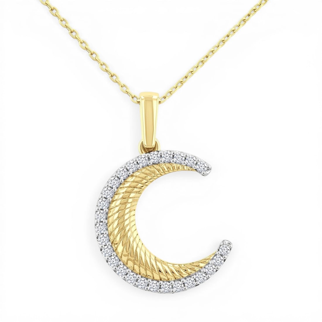 0.20 ctw Diamond Crescent Moon 10K Yellow Gold Pendant: A symphony of light and color, this breathtaking Spiral Textured Crescent Moon pendant featuring Natural Diamonds embodies the pinnacle of luxury. The gemstones are nestled within a Crescent Motif Mou