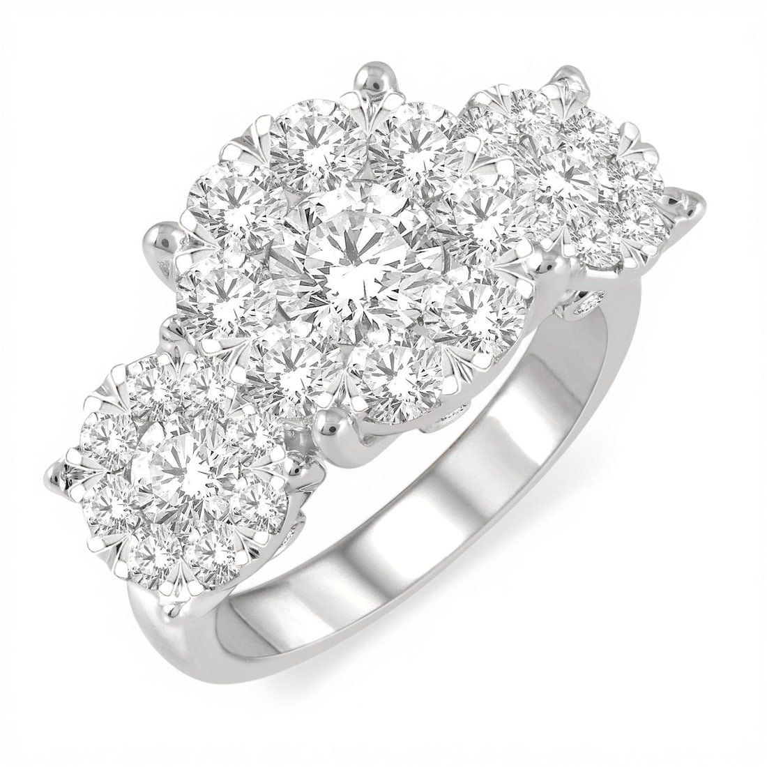 3.04 ctw Cluster Diamond 14K White Gold Ring: A testament to superior craftsmanship, this exquisite Three-Stone Cluster ring featuring White Diamond is unparalleled. A detailed Three-Stone Cluster gallery secures the stones, rendered in 7.65 g of