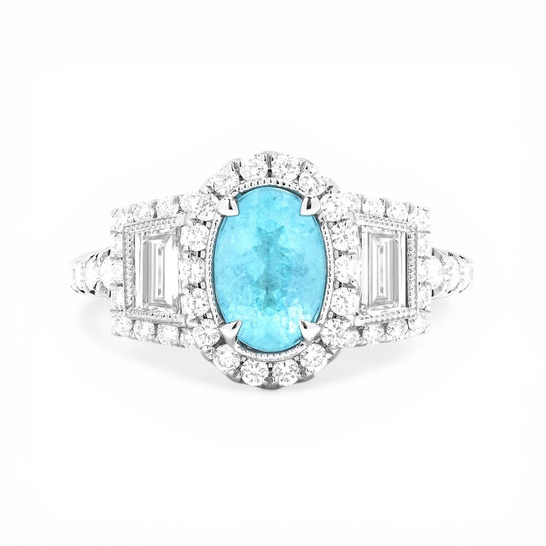Oval Aquamarine and 1.07 ctw Diamond 18K White Gold Ring: Retail Value: $28,335 A symphony of light and color, this magnificent Halo ring featuring Aquamarine, White Diamond embodies the pinnacle of luxury. Crafted with precision, the Halo setting is seamles