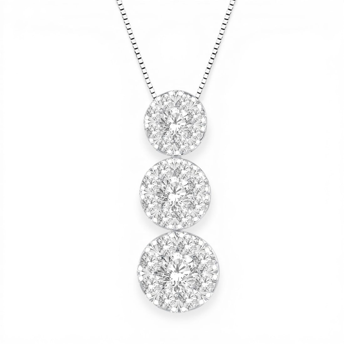0.99 ctw Cluster Three Stone Diamond Pendant 14K White Gold: A vision of luxury, this breathtaking Cluster pendant featuring White Diamond defines sophistication. Expertly mounted in a Three-Stone Cluster setting, the pendant is crafted in 1.05 g of solid 14K W