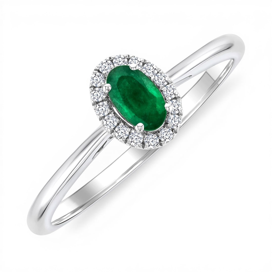 5x3mm Emerald and 0.07 ctw Diamond 14K White Gold Ring: Defining modern elegance, this elegant Halo ring featuring Emerald, White Diamond captures the essence of style. Securely held in a classic Halo design, the ring is forged from 1.45 grams of high-poli