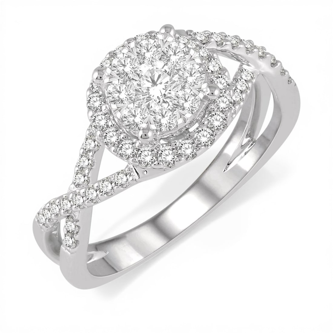0.72 ctw Cluster Round Cut Diamond Engagement 14K White Gold Ring: Timeless and sophisticated, this magnificent Cluster/Halo ring featuring Natural Diamonds radiates enduring beauty. Expertly mounted in a Cluster/Halo setting, the ring is crafted in 4.55 grams of sol