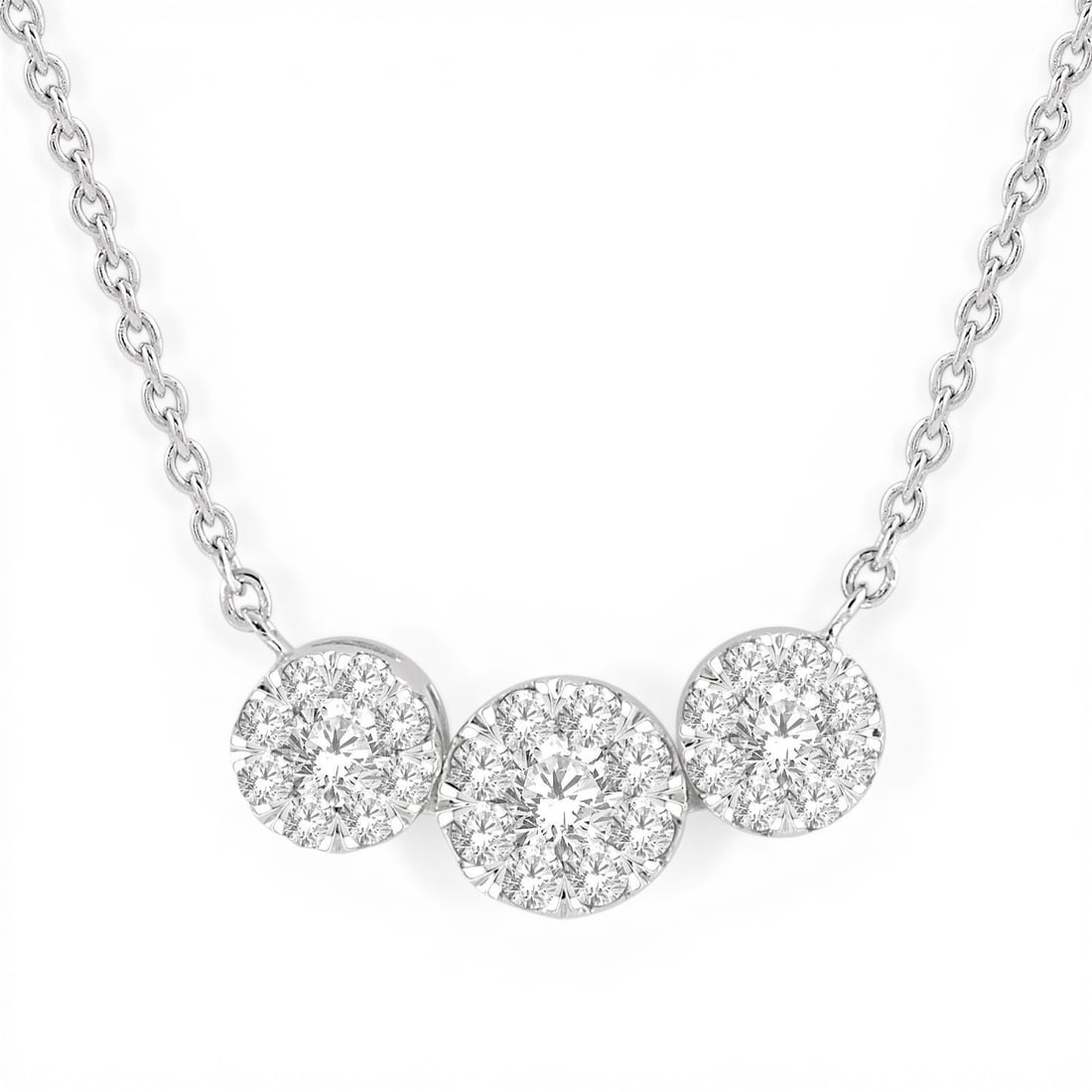 0.35 ctw White Diamond Three-Stone Cluster 14K White Gold Pendant Necklace: Epitomizing grandeur, this elegant Three-Stone Cluster pendant necklace featuring White Diamond stands as a beacon of refined taste. Showcasing the gems in a Three-Stone Cluster arrangement, the penda
