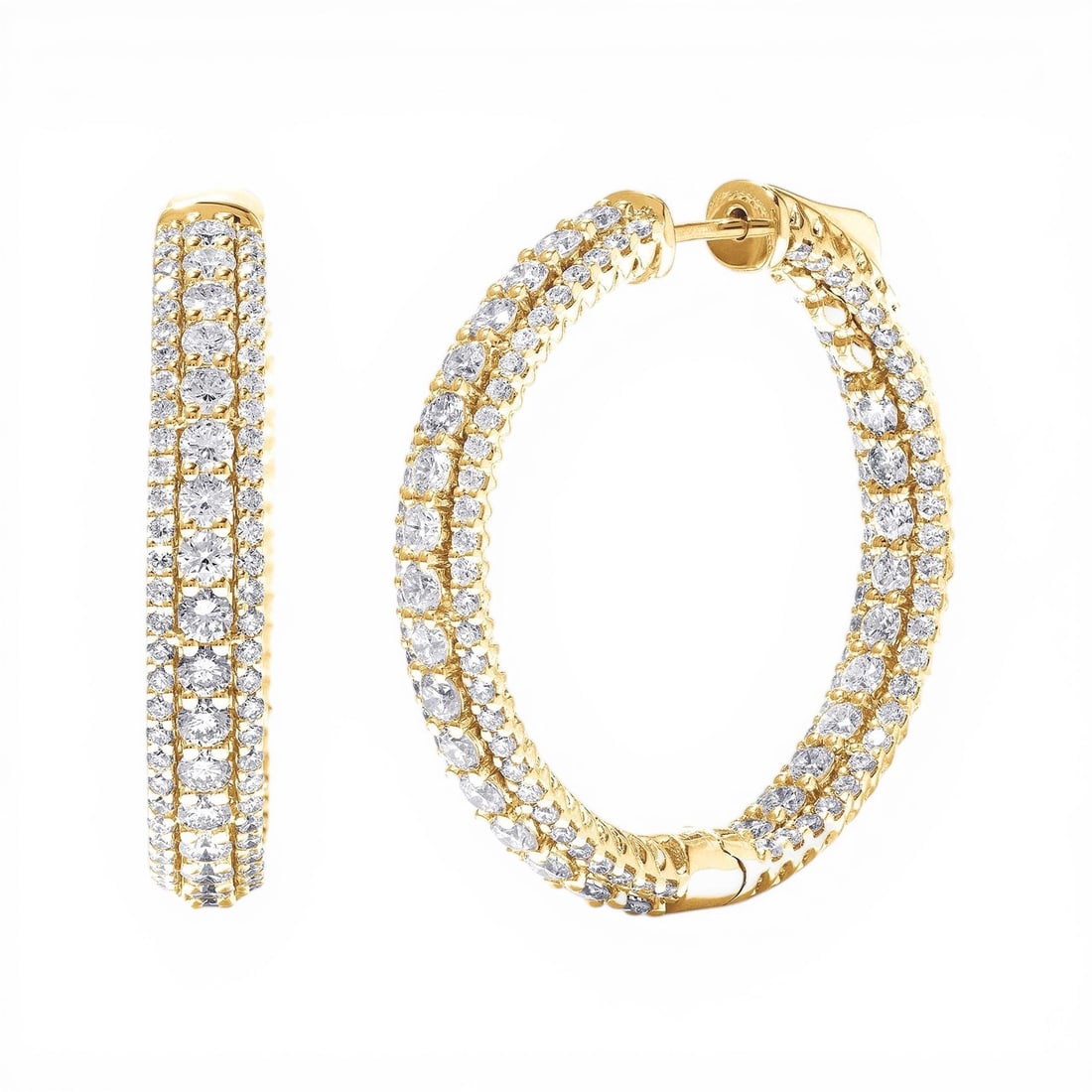 4.08 ctw Diamond 3-Row Hoop 18k Gold Earrings: Retail Value: $23,430 Defining modern elegance, this stunning 3-Row pair of earrings featuring White Diamond captures the essence of style. A detailed Hoop gallery secures the stones, rendered in 14.0