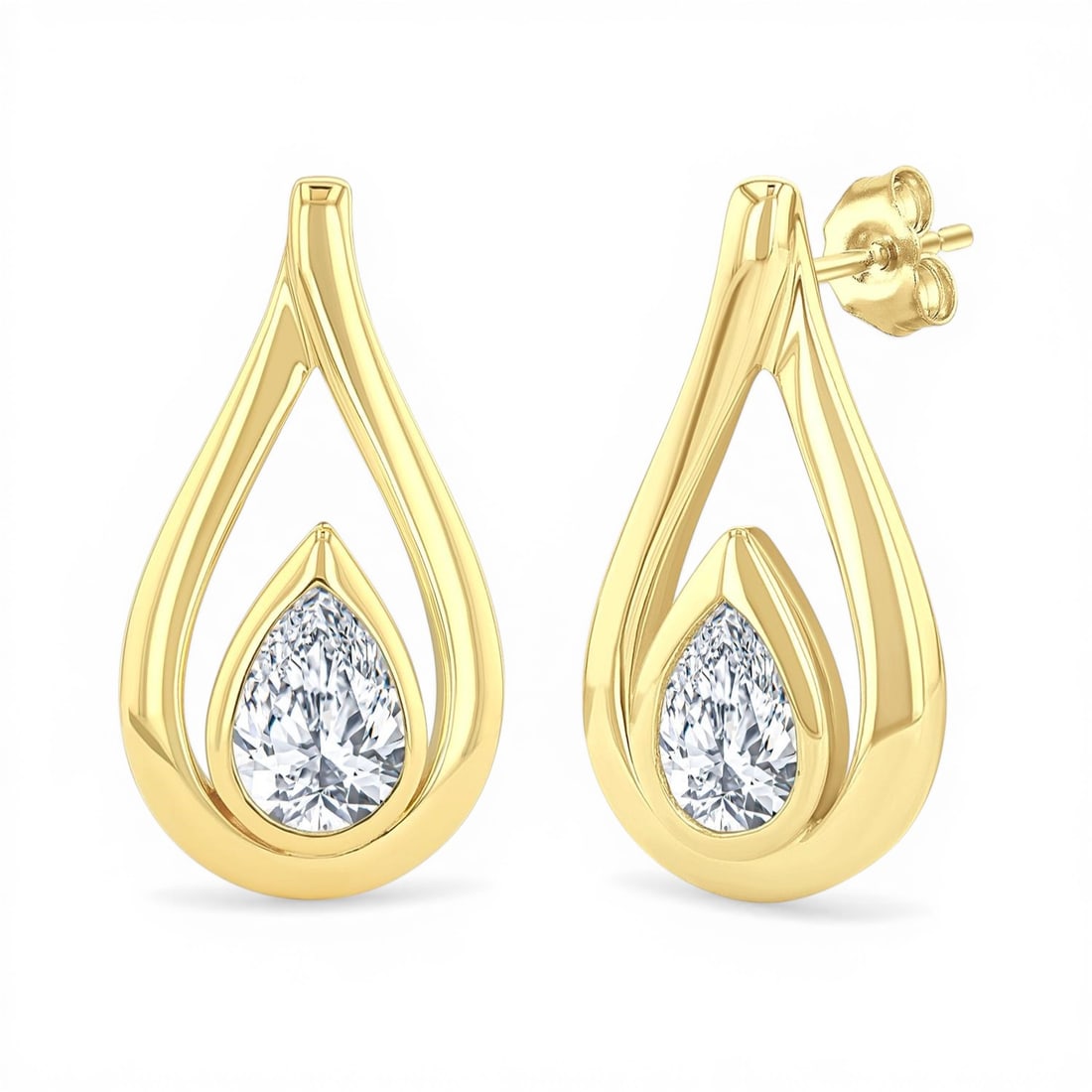 0.50 ctw Pear Cut Diamond Nested Tear Drop 14K Yellow Gold Earrings: Defining modern elegance, this elegant Nested Tear Drop pair of earrings featuring White Diamond captures the essence of style. Expertly mounted in a Bezel setting, the earrings are crafted in 2.25 gr