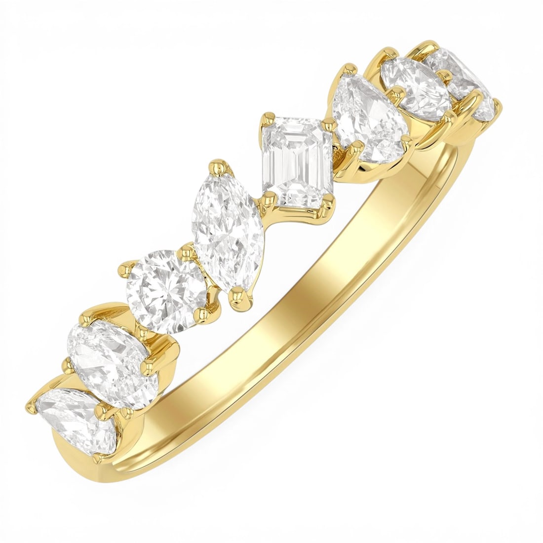 1.12 ctw Mixed Shape Diamond Fashion Band 14K Yellow Gold: Epitomizing grandeur, this magnificent Mixed Shape ring featuring White Diamond stands as a beacon of refined taste. A detailed Fashion Band gallery secures the stones, rendered in 2.55 grams of lustr
