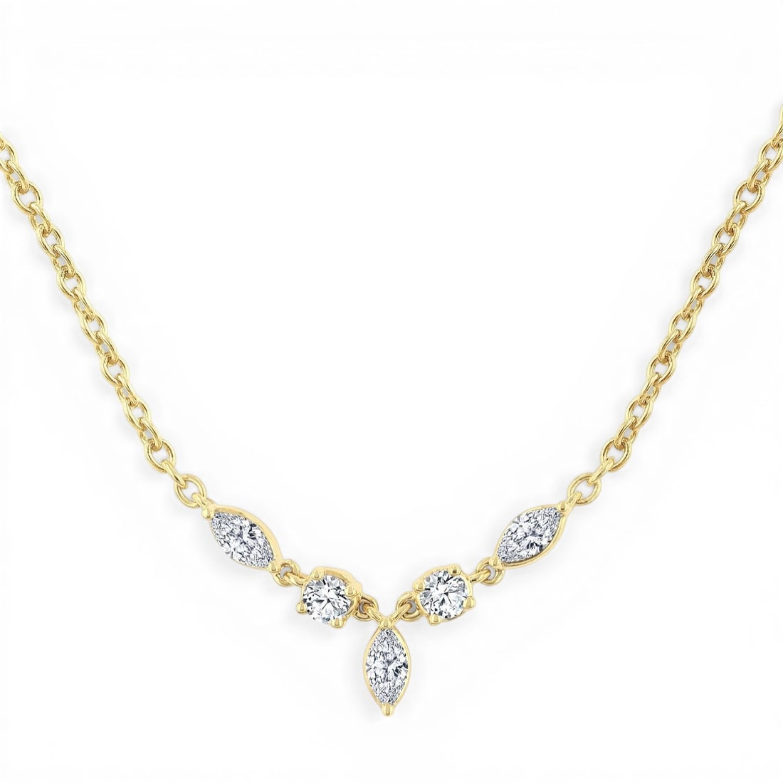 0.33 ctw Marquise & Round Cut Diamond 14K Yellow Gold Necklace: Captured in a moment of brilliance, this elegant Mixed Fancy Shapes necklace featuring Natural Diamonds speaks to the connoisseur. Expertly mounted in a Cluster setting, the necklace is crafted in 0.5