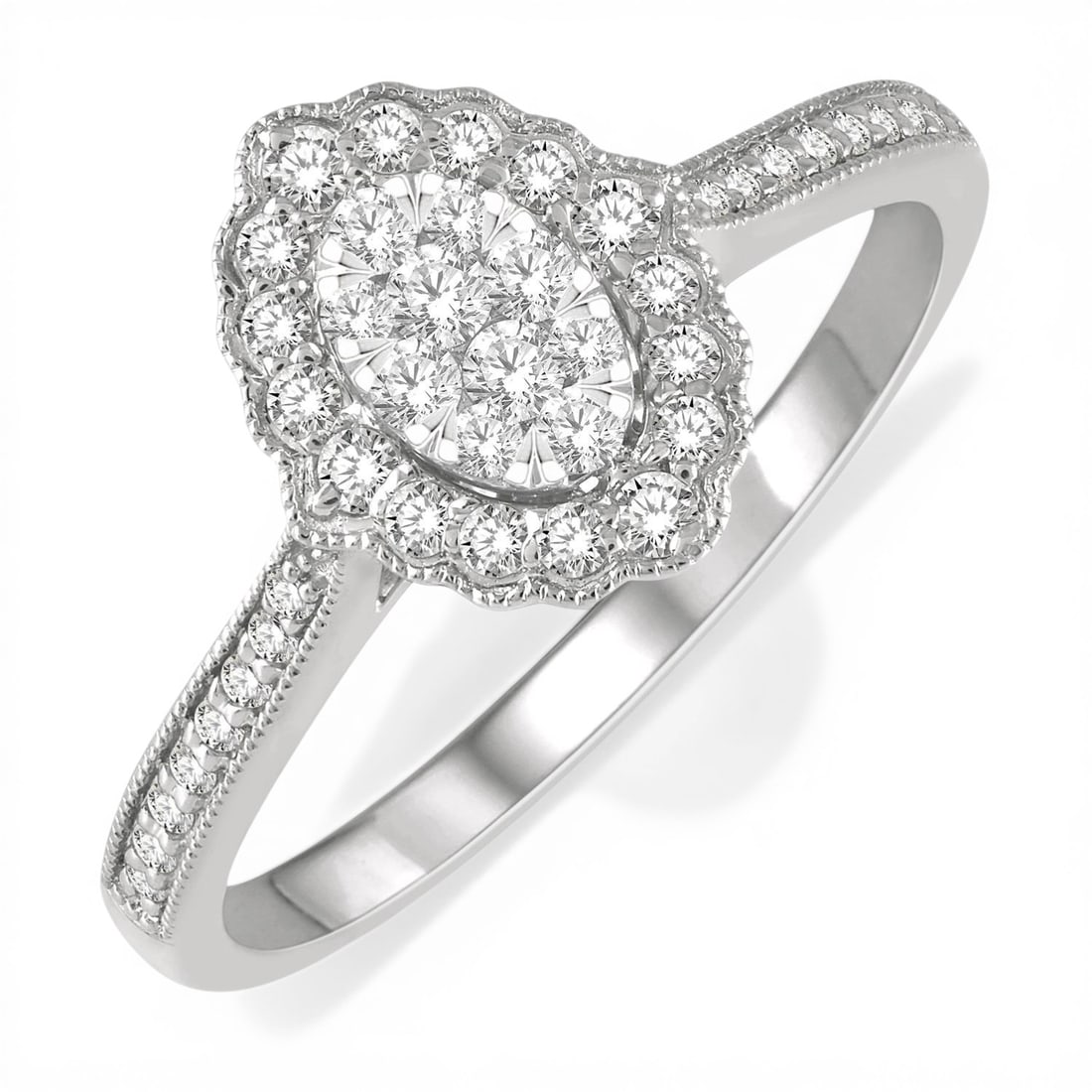 0.32 ctw Diamond Cluster 14K White Gold Ring: A symphony of light and color, this magnificent Cluster ring featuring White Diamond embodies the pinnacle of luxury. Expertly mounted in a Halo setting, the ring is crafted in 2.5 grams of solid 14K 