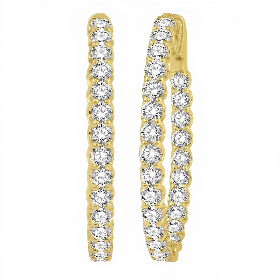 4.00 ctw Round Cut Diamond Inside-Out 14K Yellow Gold Hoop Earrings: Exuding opulence and grace, this breathtaking Oval Shape Hoop pair of earrings featuring White Diamond is crafted for the distinguished. Showcasing the gems in a Hoop (Inside-Out) arrangement, the ear