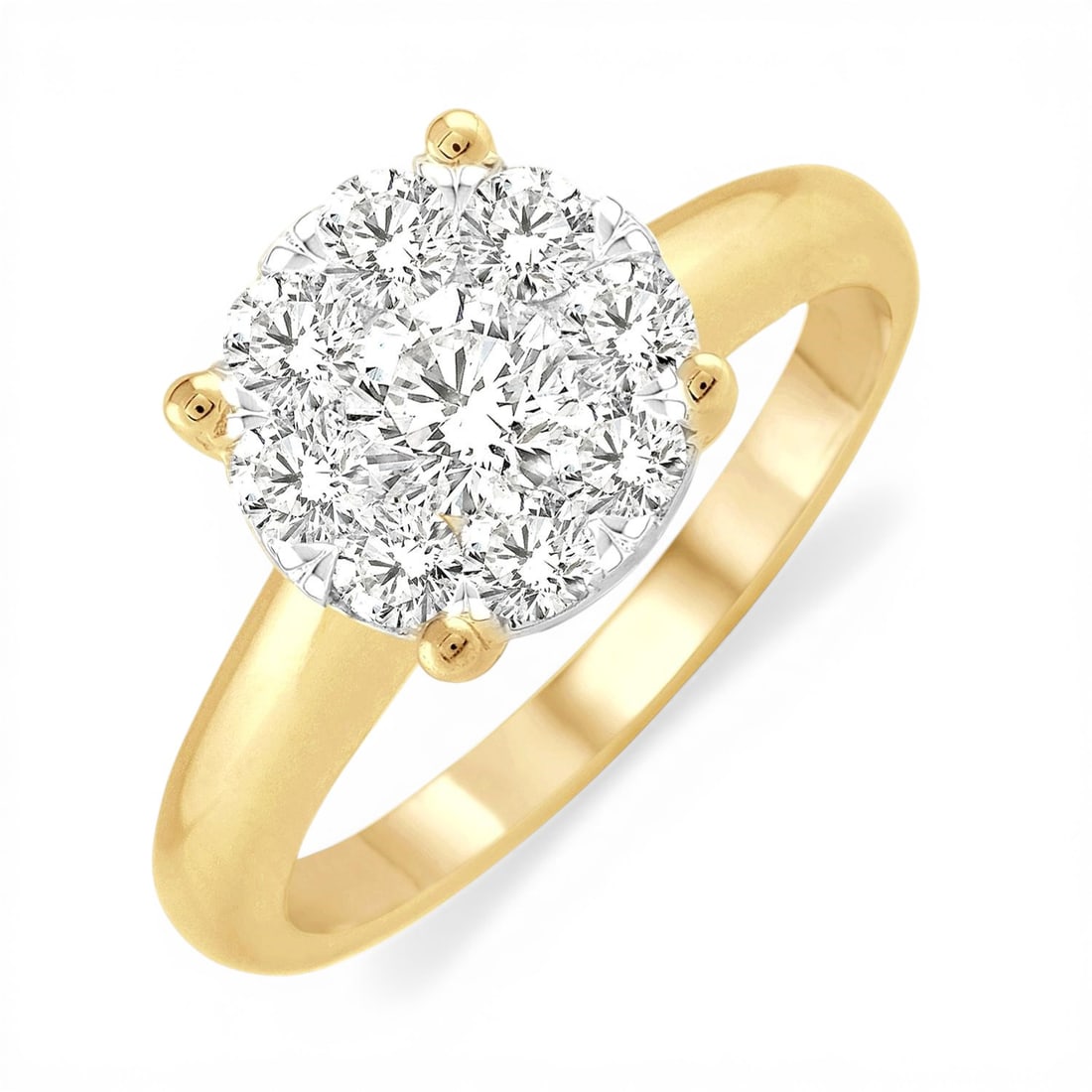 1.04 ctw Cluster Round Diamond 14K Yellow & White Gold Ring: Defining modern elegance, this stunning Cluster ring featuring Natural Diamonds captures the essence of style. The gemstones are nestled within a Cluster framework, supported by a substantial 4.15 gra