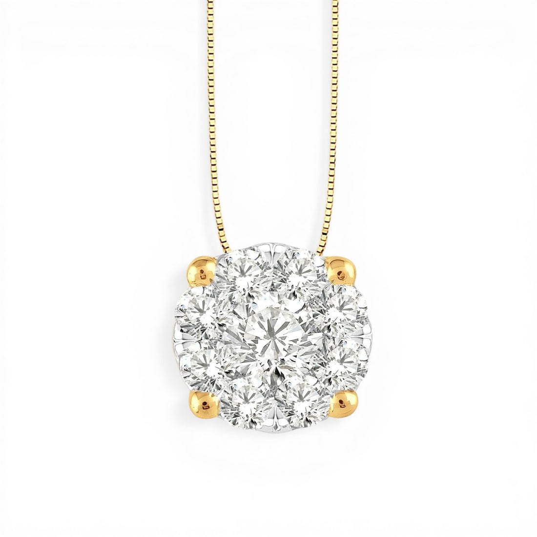 0.35 ctw Cluster White Diamond 14K Yellow & White Gold Pendant: Epitomizing grandeur, this exquisite Cluster pendant featuring White Diamond stands as a beacon of refined taste. Crafted with precision, the Cluster setting is seamlessly integrated into 1.0 grams of