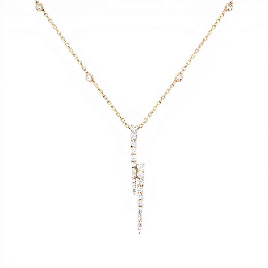 1.0 ctw Graduating Diamond 18K Yellow Gold Pendant Necklace: Retail Value: $6,090 A testament to superior craftsmanship, this exquisite Graduating Pendant featuring White Diamond is unparalleled. A detailed Shared Prong gallery secures the stones, rendered in 1