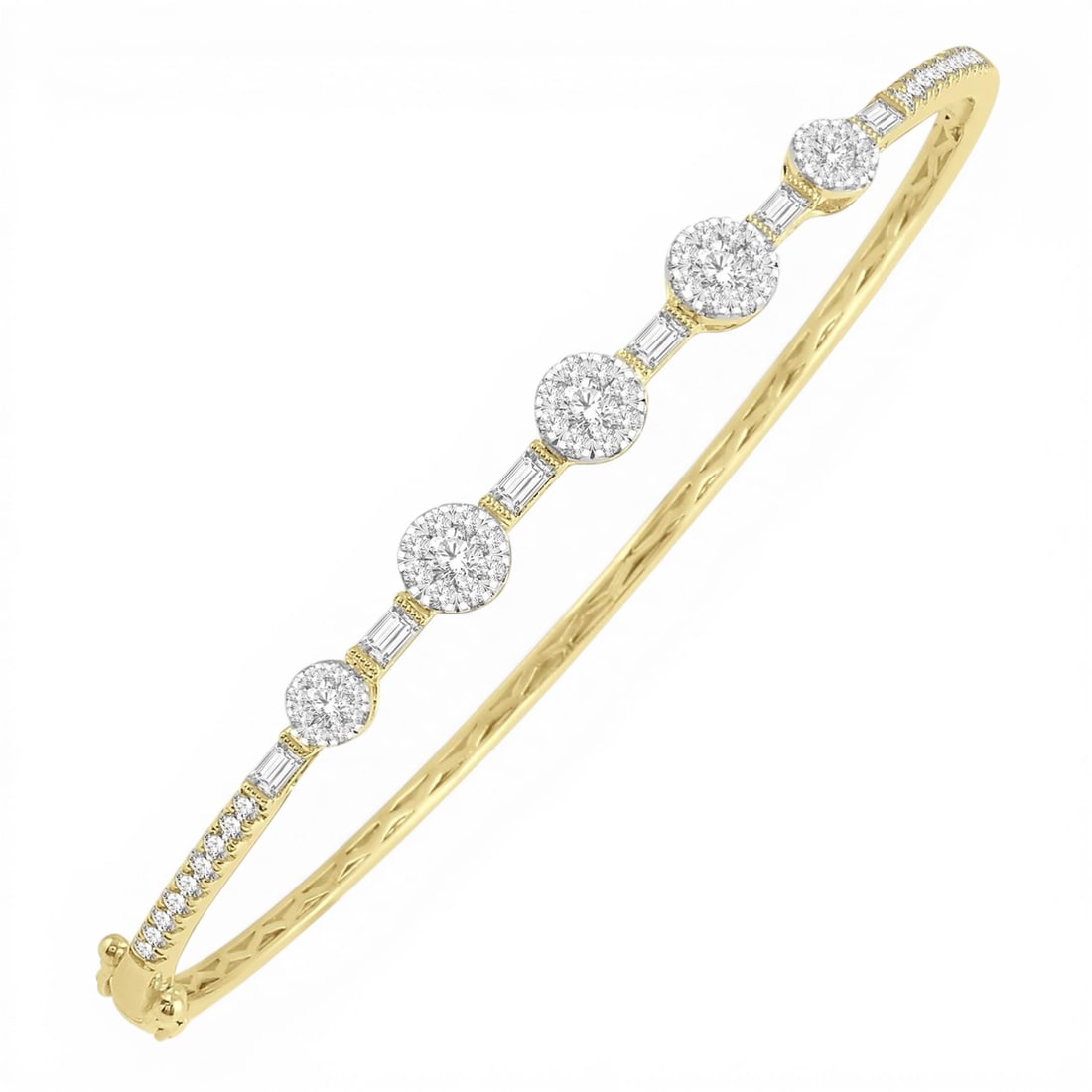 1.11 ctw Diamond Cluster Baguette 14K Yellow & White Gold Bangle: Timeless and sophisticated, this stunning Cluster bangle featuring White Diamond radiates enduring beauty. Expertly mounted in a Cluster setting, the bangle is crafted in 9.3 grams of solid 14K Yellow
