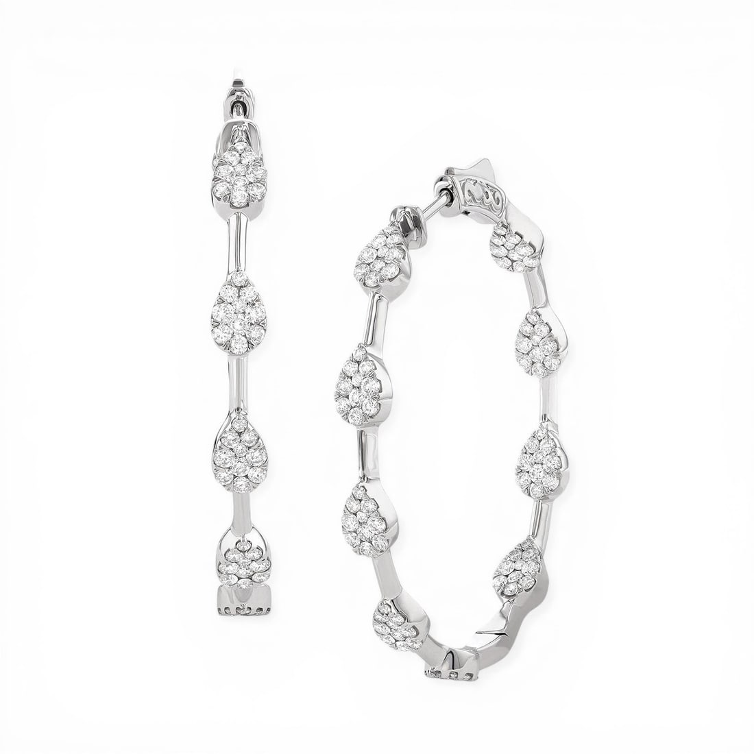 1.82 ctw Fiori Cluster Diamond 18K White Gold Hoop Earrings: Retail Value: $14,715 A vision of luxury, this exquisite Cluster pair of earrings featuring White Diamond defines sophistication. Showcasing the gems in a Cluster arrangement, the earrings consists of