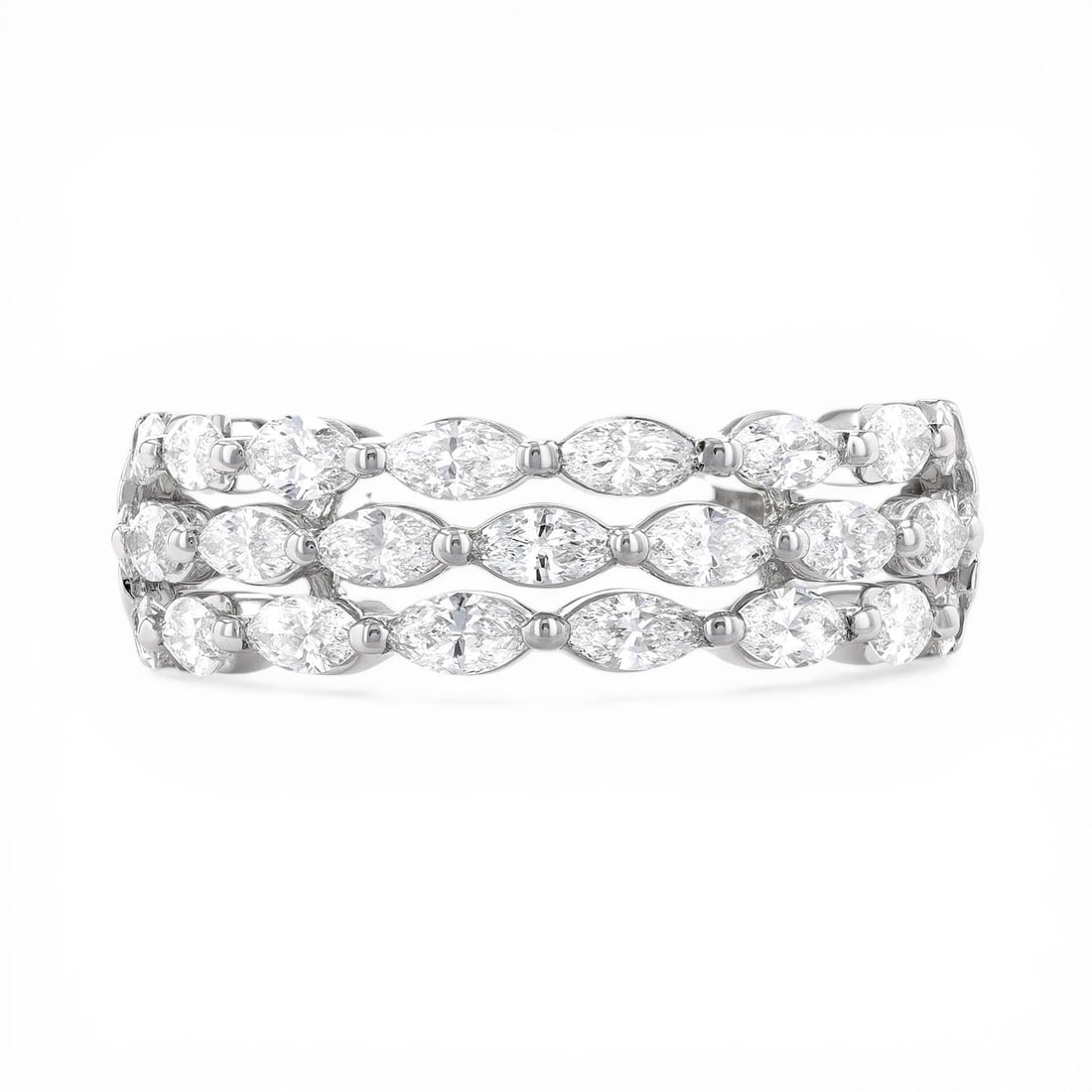 1.50 ctw Marquise Diamond Duchess 3-Row 18k White Gold Band Ring: Retail Value: $10,020 Exuding opulence and grace, this magnificent Duchess 3-Row Marquise Band ring featuring White Diamond is crafted for the distinguished. Securely held in a classic Three-Row Band 