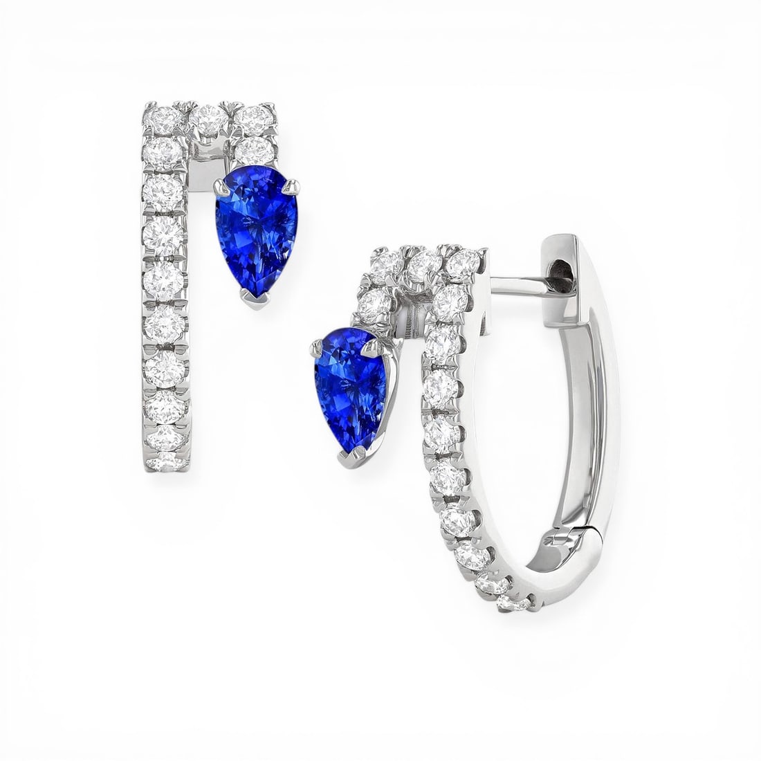 0.40 ctw Diamond & Blue Sapphire Pear Hoop 18k White Gold Earrings: Retail Value: $4,020 Exuding opulence and grace, this exquisite Pear Hoop pair of earrings featuring Blue Sapphire, White Diamond is crafted for the distinguished. The gemstones are nestled within a H