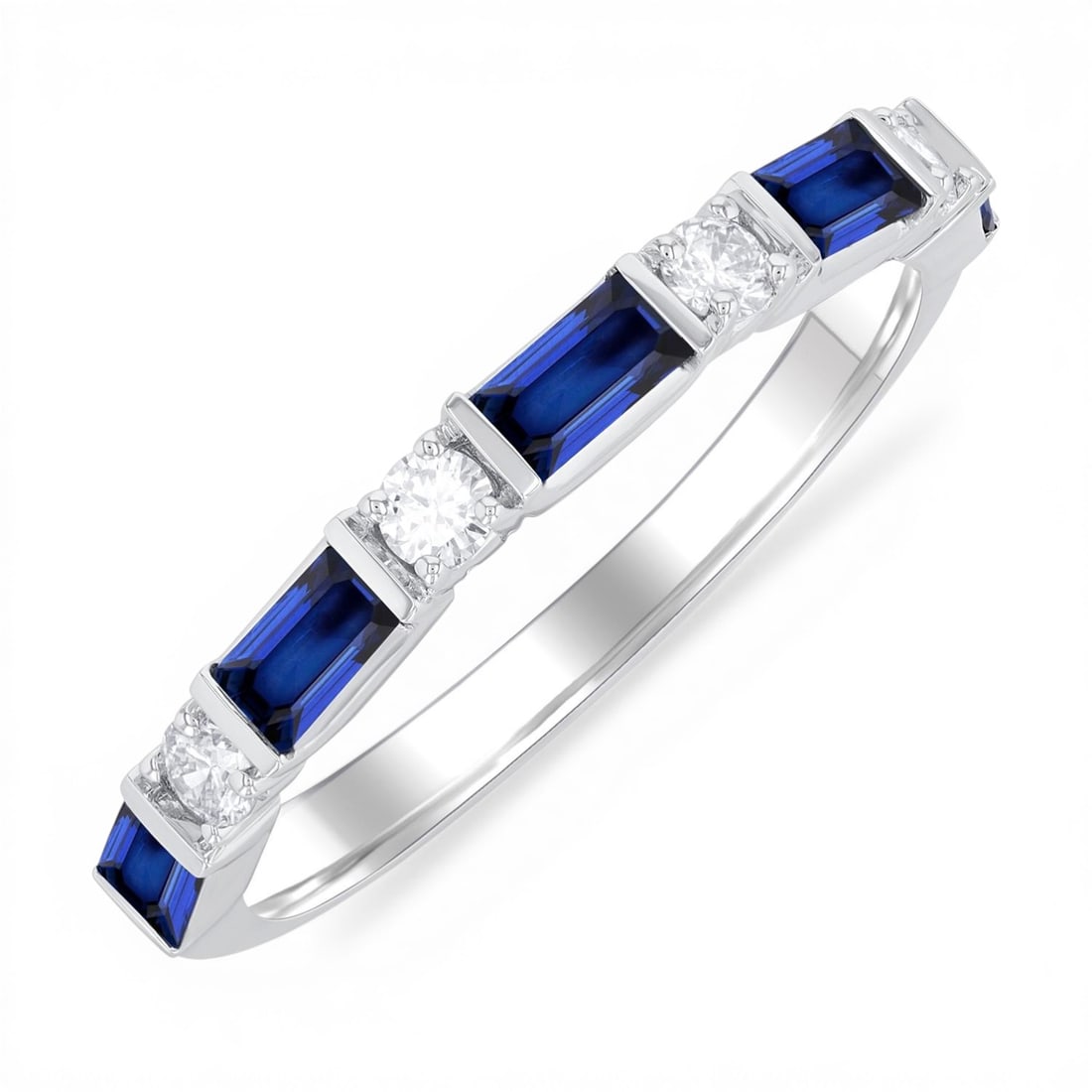 4x2mm Baguette Sapphire and 0.20 ctw Diamond 14K White Gold Band Ring: A symphony of light and color, this magnificent Art Deco band ring featuring Blue Sapphire, White Diamond embodies the pinnacle of luxury. Securely held in a classic Half-Eternity design, the band rin