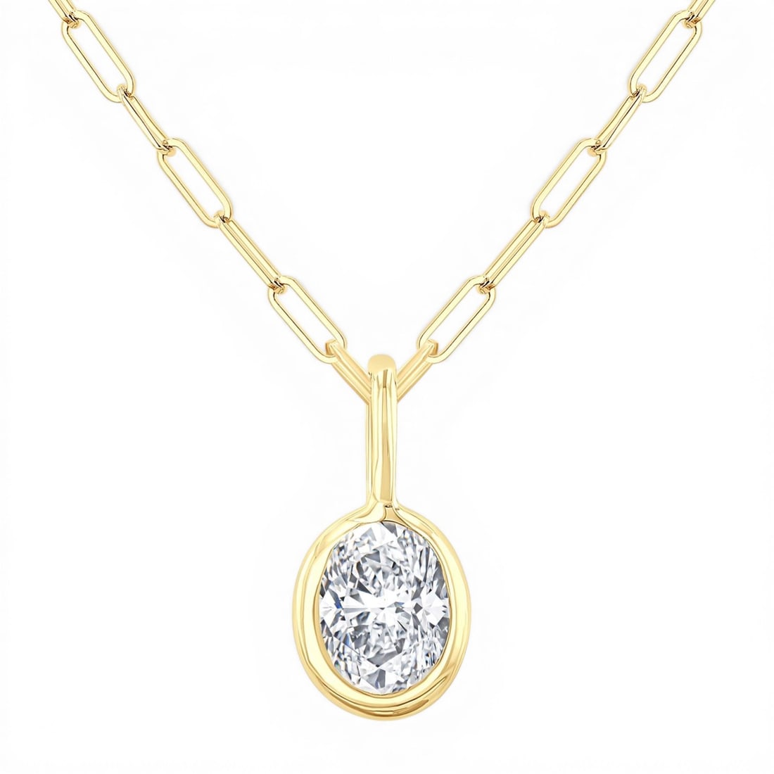 0.21 ctw Oval Cut White Diamond Bezel Set 14K Yellow Gold Pendant Necklace: An exquisite masterpiece of haute joaillerie, this elegant Bezel pendant necklace featuring White Diamond is a true treasure. Crafted with precision, the Bezel setting is seamlessly integrated into 0.
