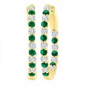 1.8mm Emerald and 0.54 ctw Diamond 14K Yellow Gold Hoop Earrings