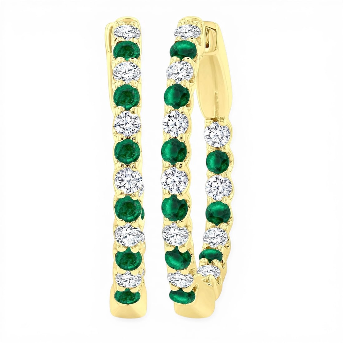 1.8mm Emerald and 0.54 ctw Diamond 14K Yellow Gold Hoop Earrings: Rare and radiant, this stunning Inside-Out pair of earrings featuring Emerald, White Diamond offers a touch of the extraordinary. Showcasing the gems in a Hoop arrangement, the earrings consist of 4.2