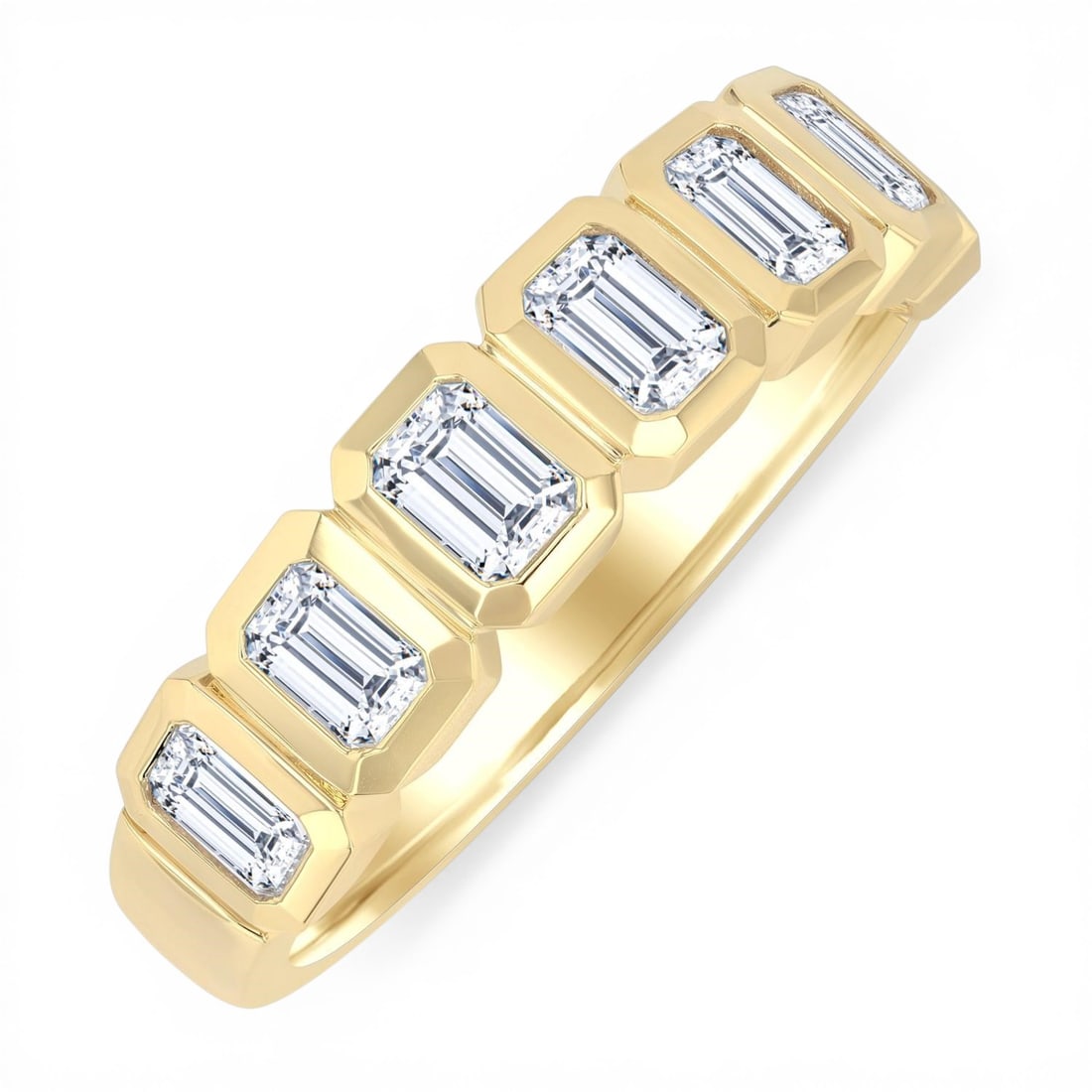 1.54 ctw Emerald Cut Diamond 14K Yellow Gold Band Ring: Rare and radiant, this breathtaking Bezel Set ring featuring White Diamond offers a touch of the extraordinary. Showcasing the gems in a Half Eternity arrangement, the ring consists of 3.75 grams of 1