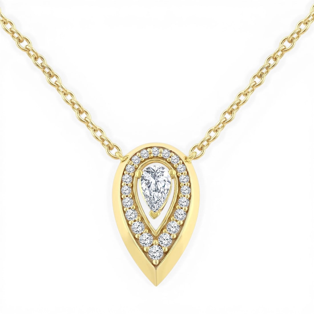 0.34 ctw Open Window Pear Diamond 14K Yellow Gold Pendant: A vision of luxury, this elegant Open Window Pear pendant featuring Natural Diamonds defines sophistication. Expertly mounted in a Halo setting, the pendant is crafted in 1.5 grams of solid 14K Yellow