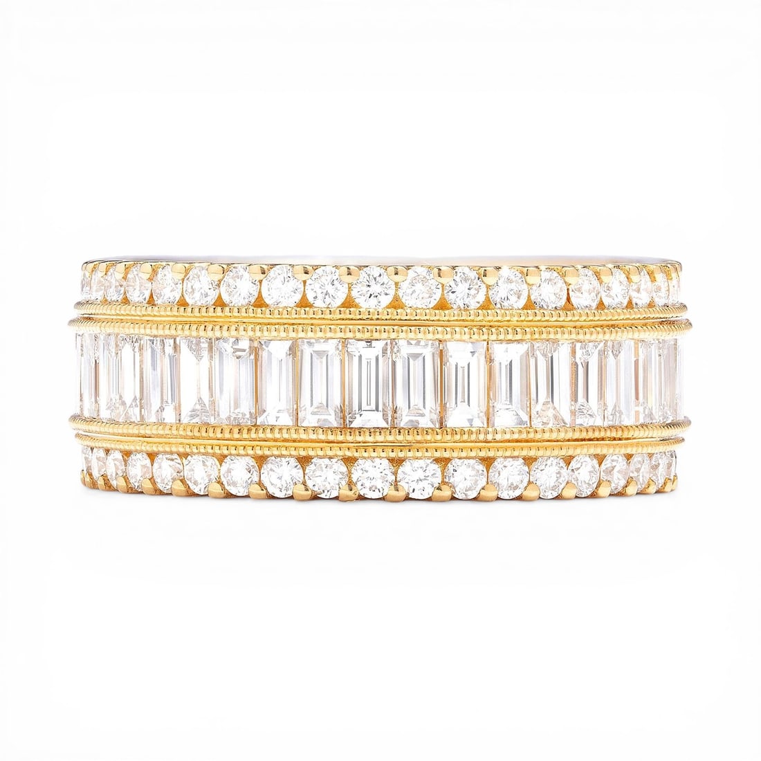 2.14 ctw Baguette and Round Diamond 18k Yellow Gold Band Ring: Retail Value: $14,895 A vision of luxury, this exquisite Baguette Diamond ring featuring White Diamond defines sophistication. Crafted with precision, the Band setting is seamlessly integrated into 9.