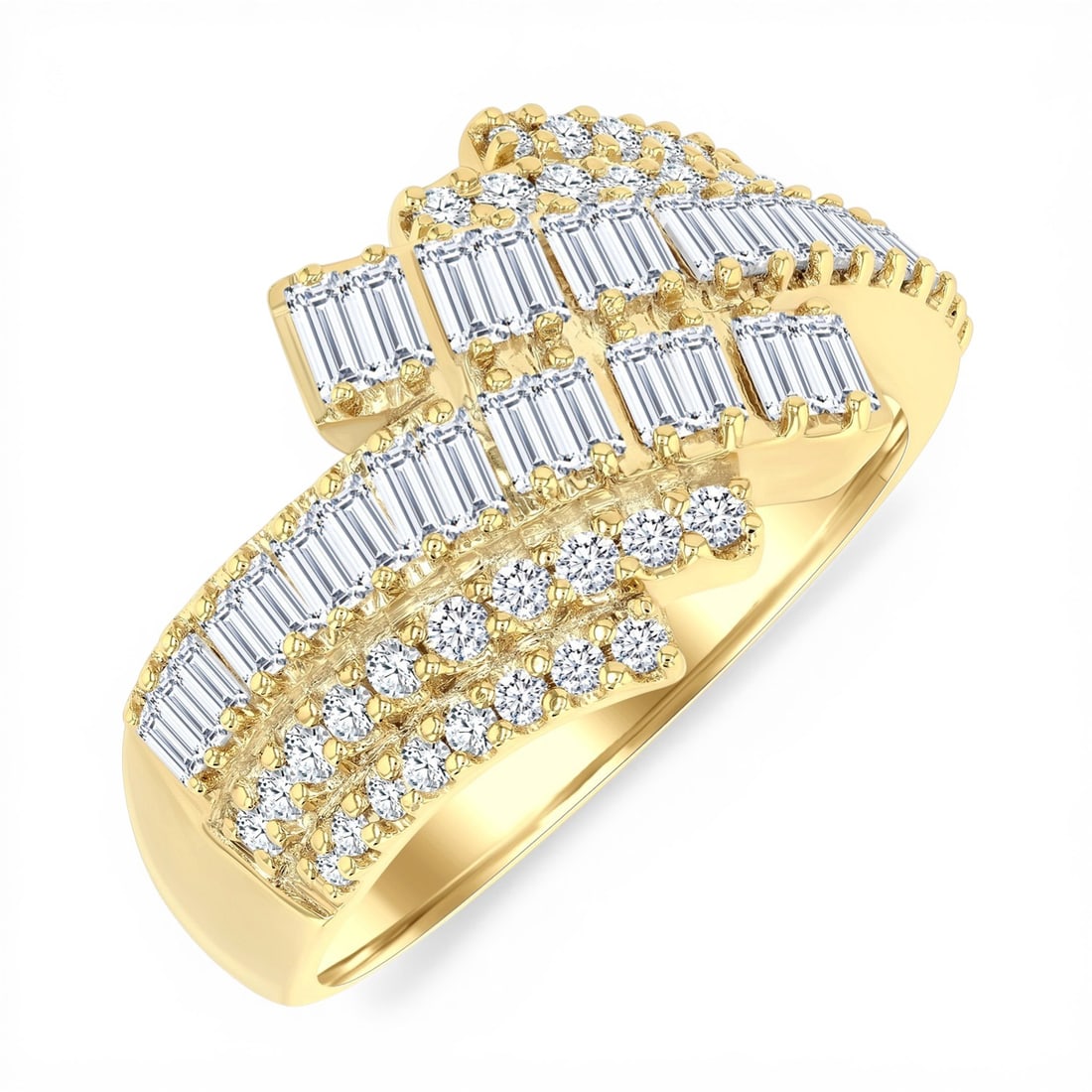 0.98 ctw Baguette & Round Diamond Bypass 14k Yellow Gold Ring: Timeless and sophisticated, this magnificent Bypass Fusion ring featuring White Diamond radiates enduring beauty. The gemstones are nestled within a Bypass framework, supported by a substantial 6.5 gr