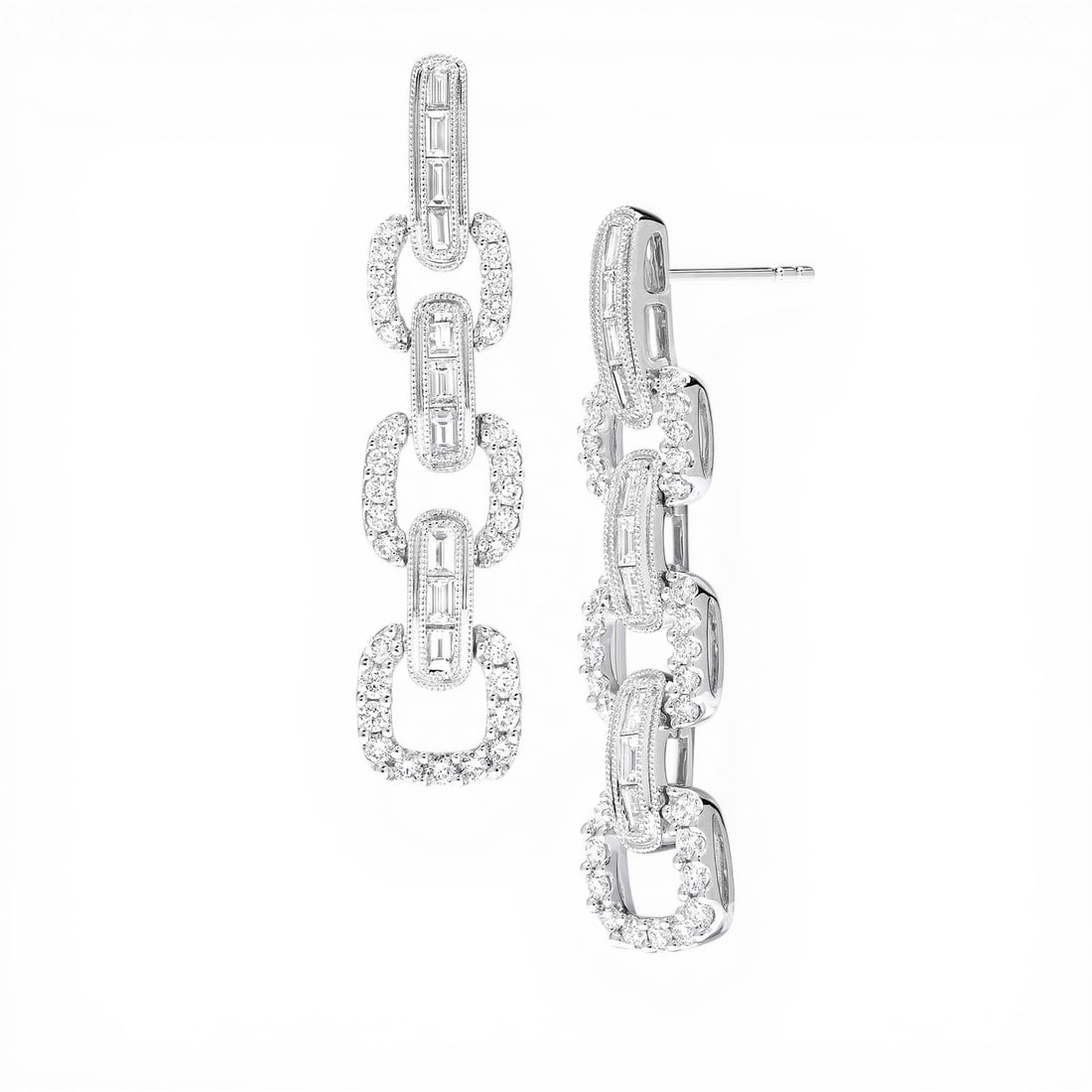 1.53 ctw Baguette & Round Diamond 18K White Gold Link Earrings: Retail Value: $12,165 Captured in a moment of brilliance, this magnificent Link pair of earrings featuring Natural Diamonds speaks to the connoisseur. Showcasing the gems in a Drop arrangement, the ea