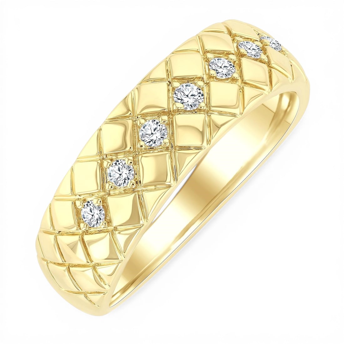 0.15 ctw White Diamond 10K Yellow Gold Band Ring: Exuding opulence and grace, this elegant Bold Diagonal Crisscross band ring featuring White Diamond is crafted for the distinguished. Crafted with precision, the Integrated Band Setting setting is sea