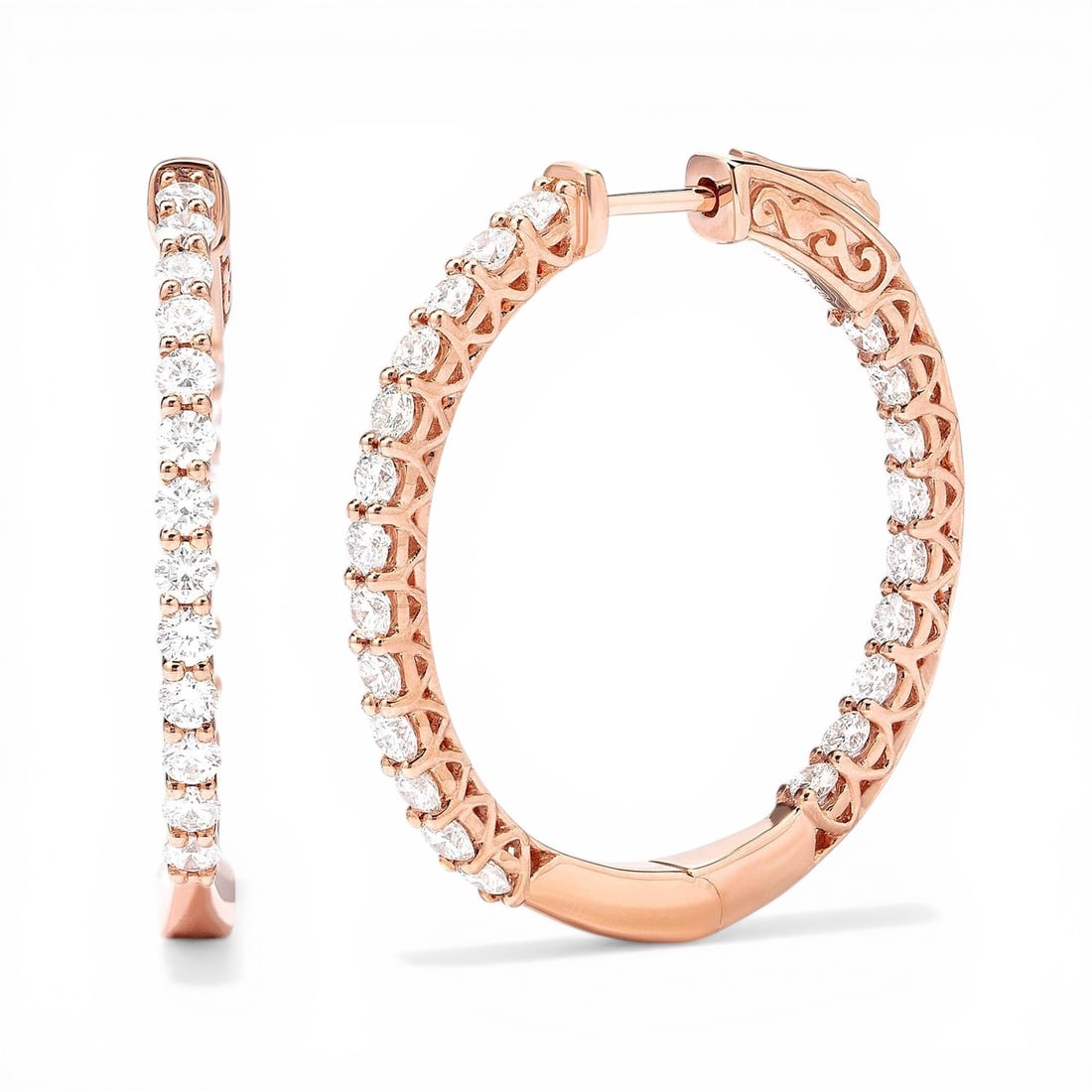 2.02 ctw Duchess Diamond Classic 18k Rose Gold Hoop Earrings: Retail Value: $12,360 Captured in a moment of brilliance, this magnificent Classic pair of earrings featuring White Diamond speaks to the connoisseur. Crafted with precision, the Shared Prong Hoop set