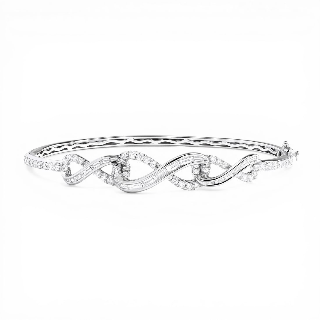 1.84 ctw White Diamond 18K White Gold Bangle: Retail Value: $16,890 A vision of luxury, this magnificent Infinity bracelet featuring White Diamond defines sophistication. The gemstones are nestled within an Integrated Channel and Pave Setting fra