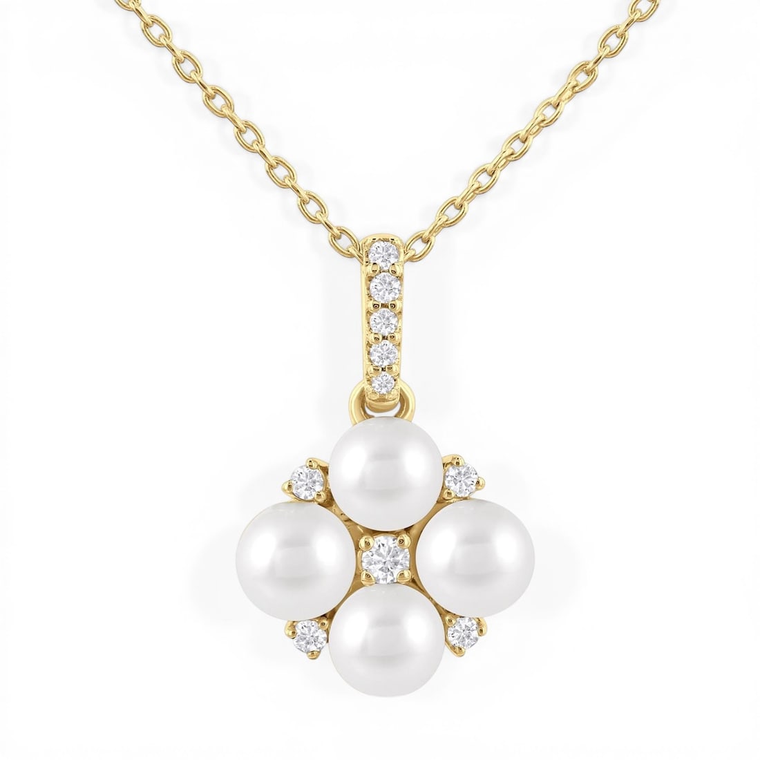 4mm Cultured Pearl and 0.08 ctw Diamond 10K Yellow Gold Pendant: An exquisite masterpiece of haute joaillerie, this elegant Floral Round Shape pendant featuring Cultured Pearl, White Diamond is a true treasure. A detailed Cluster gallery secures the stones, rendere
