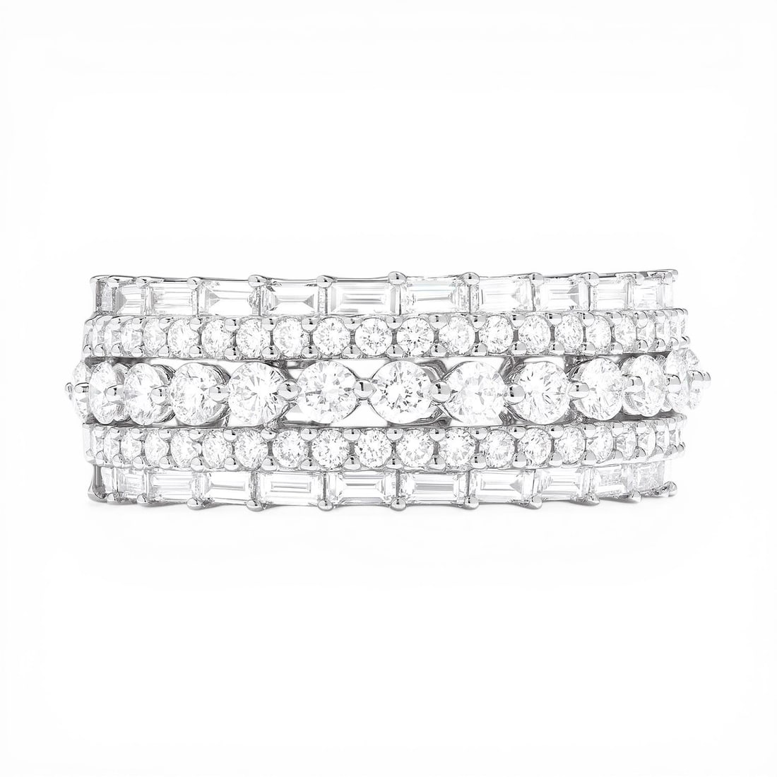 1.67 ctw Round & Baguette Diamond Wide Band 18k White Gold Ring: Retail Value: $12,120 A testament to superior craftsmanship, this magnificent Wide Band Ring featuring White Diamonds is unparalleled. Securely held in a classic Multi-Row Band design, the ring is for
