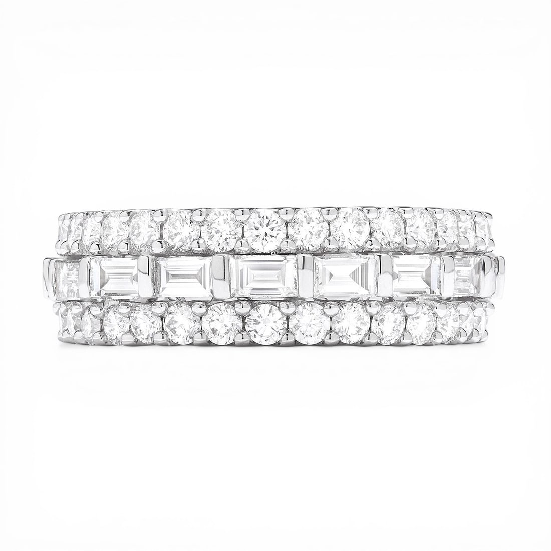 1.67 ctw Baguette Diamond 18k White Gold Band Ring: Retail Value: $10,755 Epitomizing grandeur, this magnificent Baguette & Diamond Band ring featuring Natural White Diamonds stands as a beacon of refined taste. Expertly mounted in a Three-Row Band set
