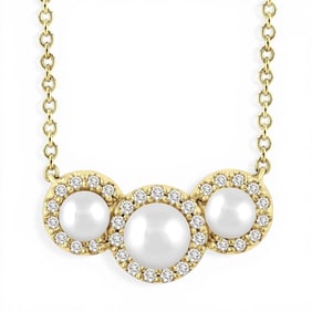 4mm & 3mm Cultured Pearl and 0.11 ctw White Diamond Halo 14K Yellow Gold Pendant Necklace