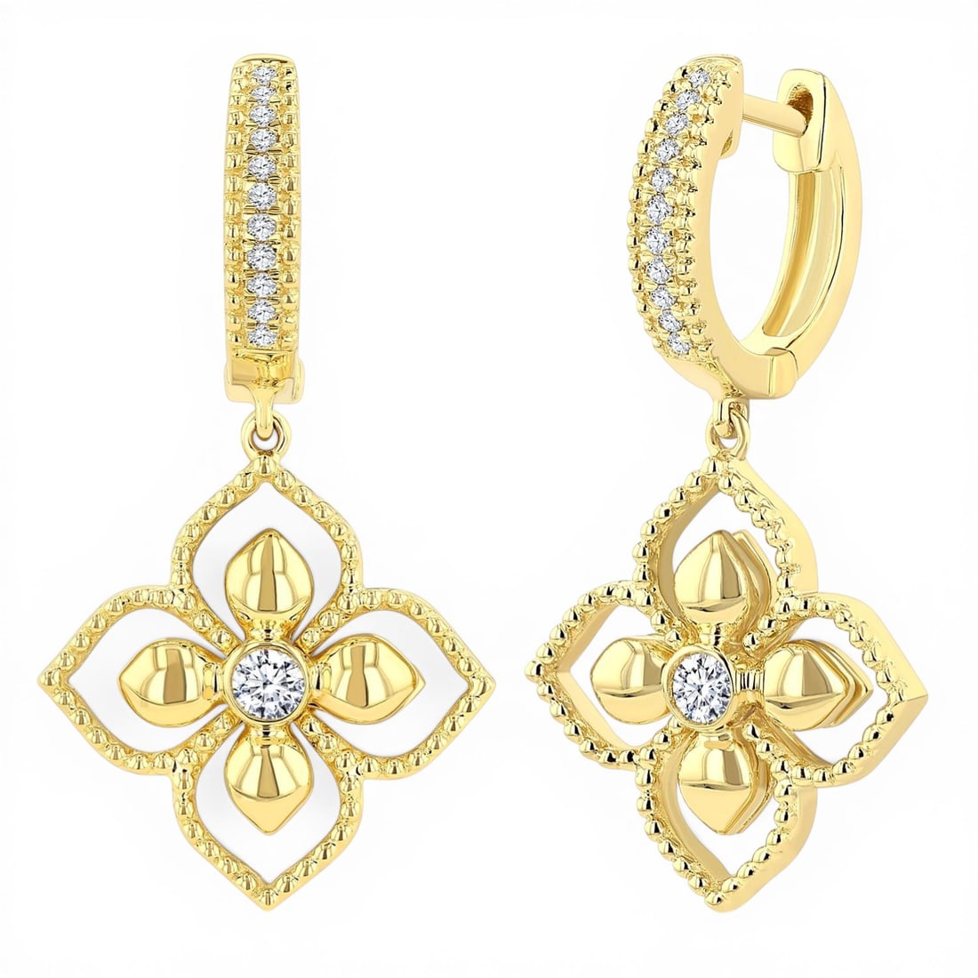 0.17 ctw Diamond Blossom Drop Earrings in 10K Yellow Gold: An exquisite masterpiece of haute joaillerie, this stunning Blossom pair of earrings featuring White Diamond is a true treasure. Crafted with precision, the Drop setting is seamlessly integrated into 