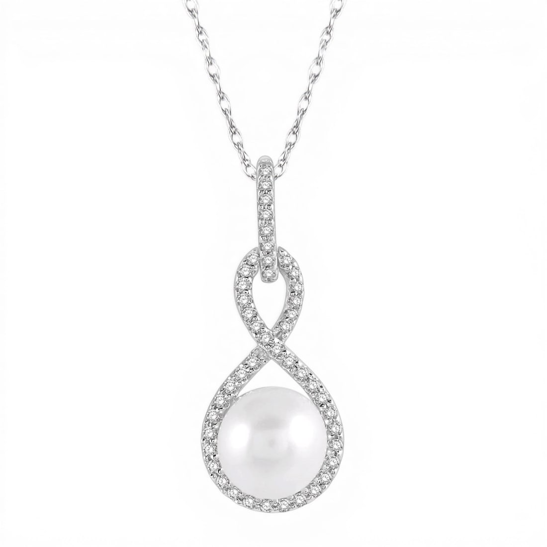 7mm Cultured Pearl and 0.15 ctw Diamond 10K White Gold Pendant: Captured in a moment of brilliance, this stunning Twisted Loop pendant featuring Cultured Pearl, White Diamond speaks to the connoisseur. Expertly mounted in a Halo setting, the pendant is crafted in 