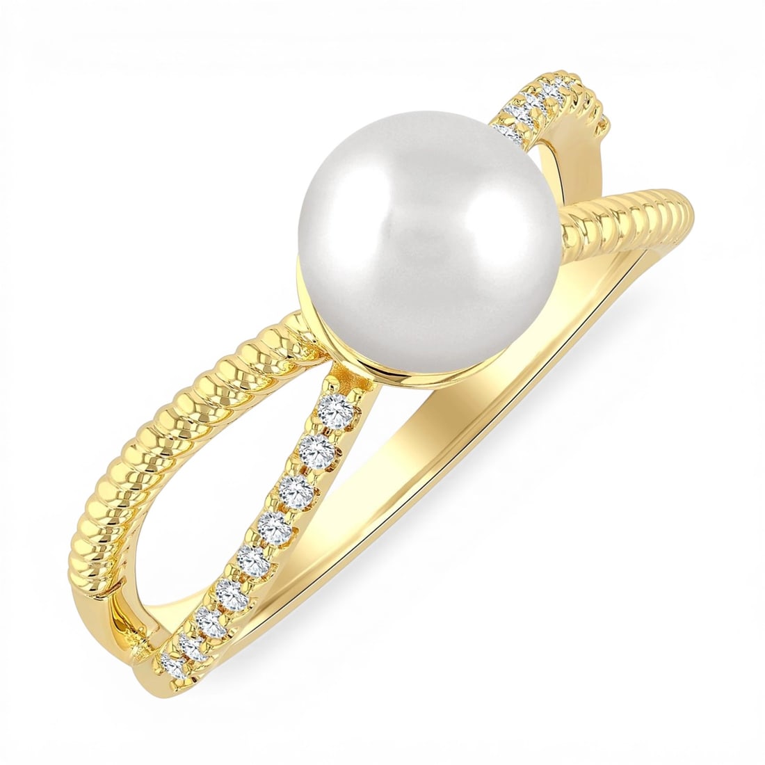 7mm Cultured Pearl and 0.10 ctw White Diamond 10K Yellow Gold Ring: Epitomizing grandeur, this elegant Criss Cross ring featuring Cultured Pearl, White Diamond stands as a beacon of refined taste. Showcasing the gems in a Criss-Cross arrangement, the ring consists of 
