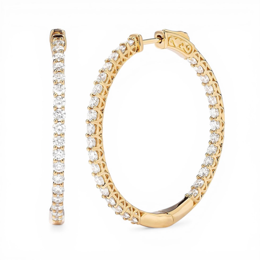 1.42 ctw Diamond Hoop Earrings 18k Yellow Gold: Retail Value: $11,655 Epitomizing grandeur, this magnificent Classic Hoop pair of earrings featuring White Diamond stands as a beacon of refined taste. Securely held in a classic Continuous Line desig
