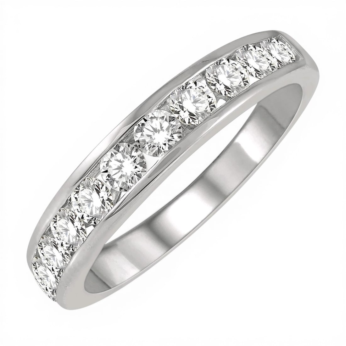 0.77 ctw Diamond Channel Set 14K White Gold Band Ring: Exuding opulence and grace, this elegant Channel Set ring featuring Natural Diamonds is crafted for the distinguished. A detailed Channel gallery secures the stones, rendered in 2.9 grams of lustrous 