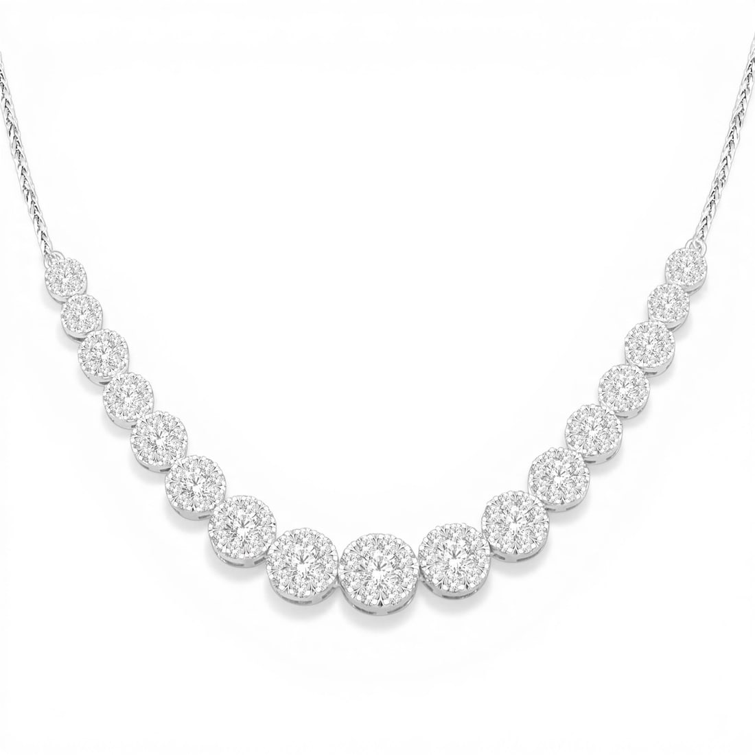 3.07 ctw White Diamond Cluster 14K White Gold Necklace: A vision of luxury, this breathtaking Cluster necklace featuring Natural White Diamonds defines sophistication. Expertly mounted in a Cluster setting, the necklace is crafted in 5.5 grams of solid 14K