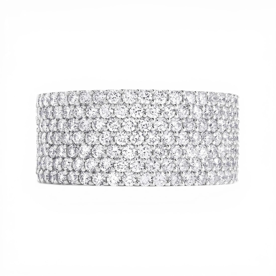 2.05 ctw Diamond 7-Row Pave Band Ring 18k White Gold: Retail Value: $13,140 Epitomizing grandeur, this magnificent 7-Row Classic Band ring featuring White Diamond stands as a beacon of refined taste. Securely held in a classic Pave Band design, the ring 