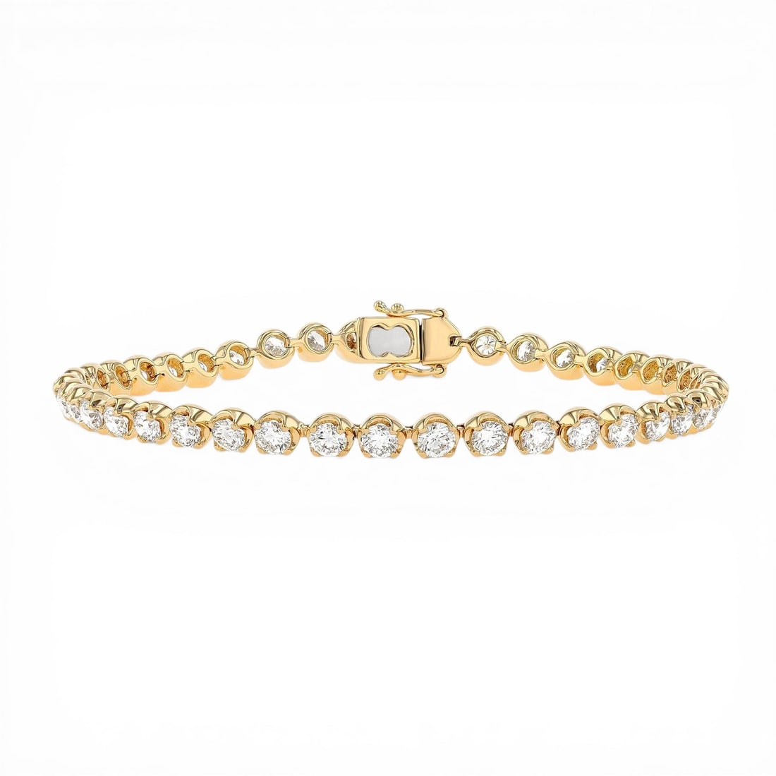 5.00 ctw White Diamond 18K Yellow Gold Tennis Bracelet: Retail Value: $21,495 Defining modern elegance, this magnificent Classic Tennis bracelet featuring White Diamond captures the essence of style. Crafted with precision, the Line setting is seamlessly i