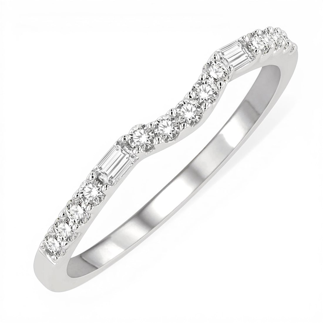 0.28 ctw Baguette & Round Diamond Curved Wedding Band 14K White Gold: An exquisite masterpiece of haute joaillerie, this breathtaking Curved Center ring featuring Diamond is a true treasure. Showcasing the gems in a Contour Band arrangement, the ring consists of 1.65 gr