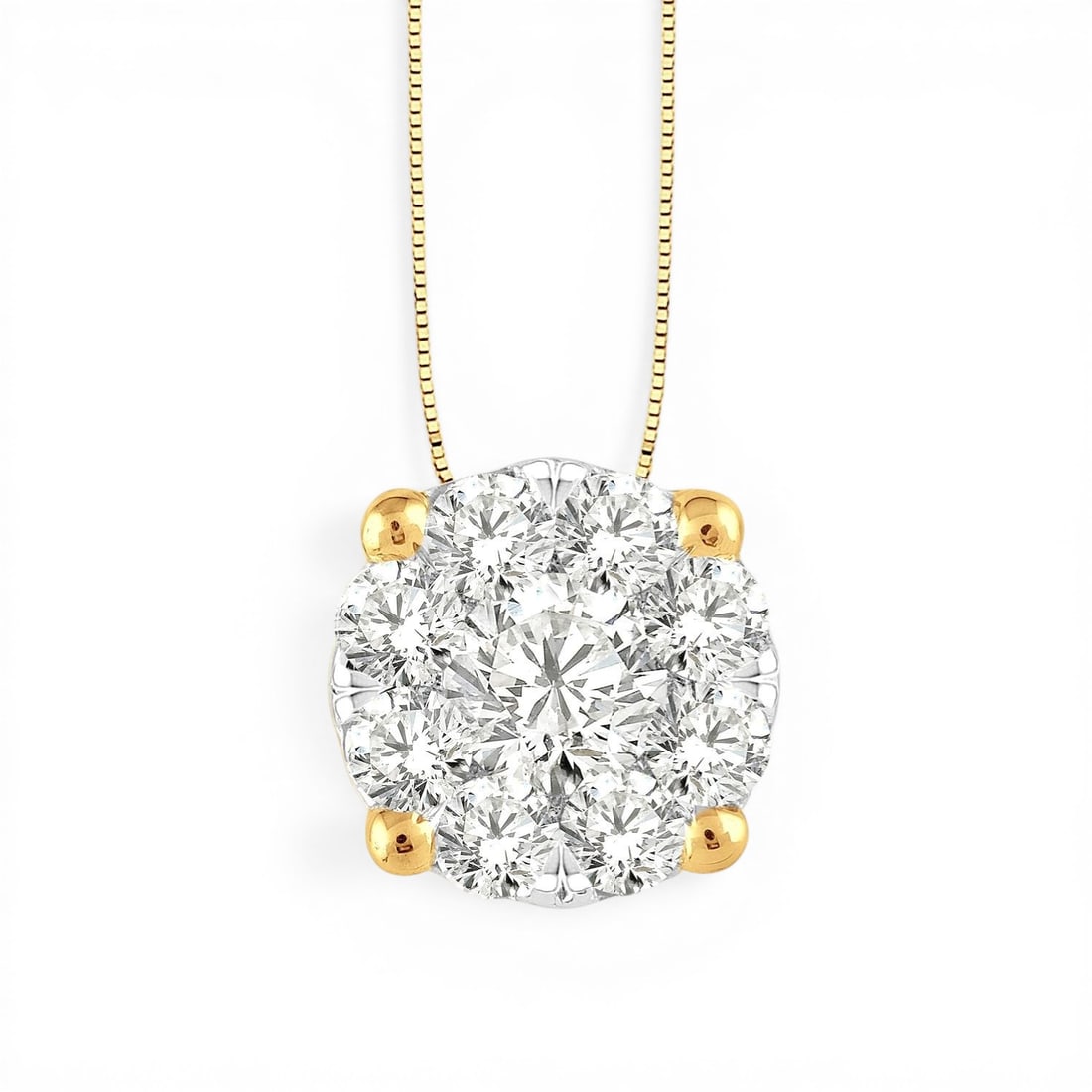 1.04 ctw Diamond Cluster 14K Yellow & White Gold Pendant: A testament to superior craftsmanship, this stunning Cluster pendant featuring White Diamond is unparalleled. Showcasing the gems in a Cluster arrangement, the pendant consists of 1.7 grams of 14K Yel