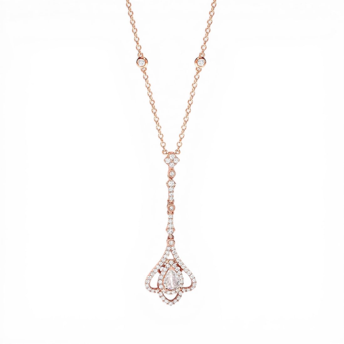 1.41 ctw White Diamond Floral 18K Rose Gold Pendant Necklace: Retail Value: $13,650 Defining modern elegance, this stunning Floral necklace featuring White Diamond captures the essence of style. A detailed Halo gallery secures the stones, rendered in 2.7 grams o